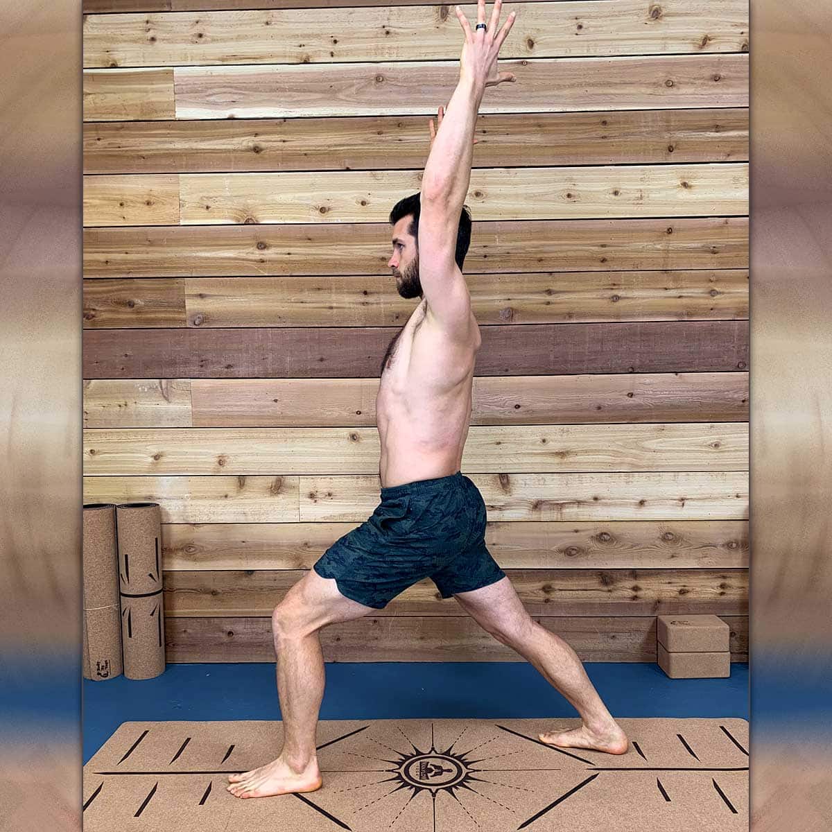 Modified high lunge demonstrated for people starting begginner yoga for men