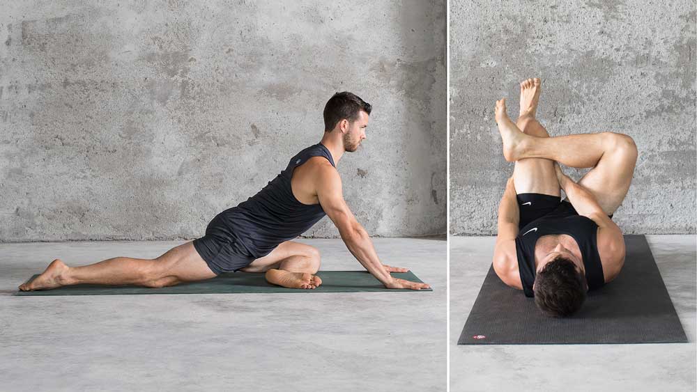 Pigeon & Reclined poses demonstrated for people starting beginner yoga for men