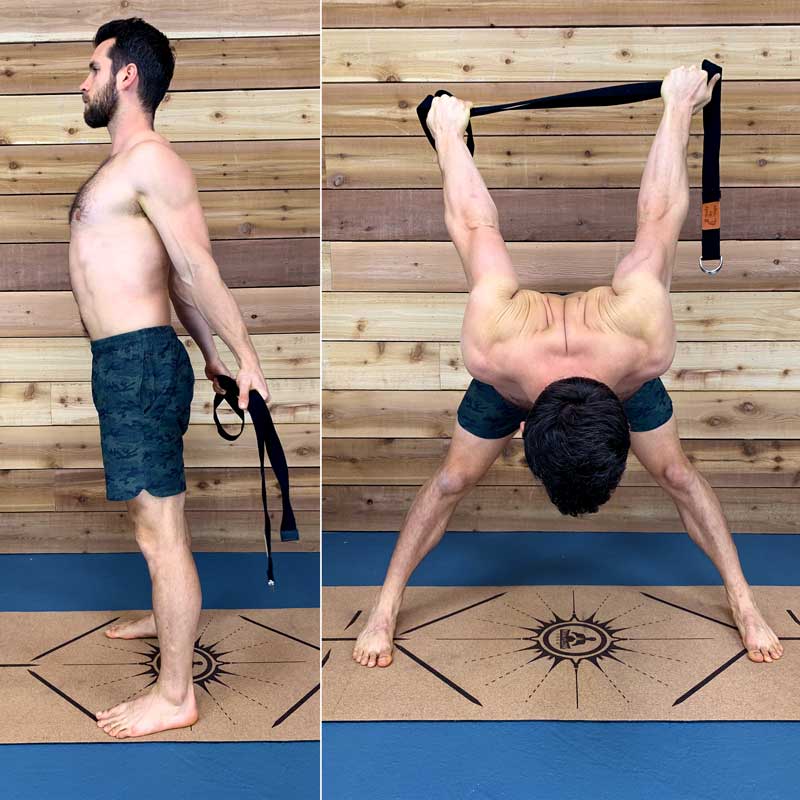 A pose using a strap instead of interlaced fingers demonstrated for people starting beginner yoga for men