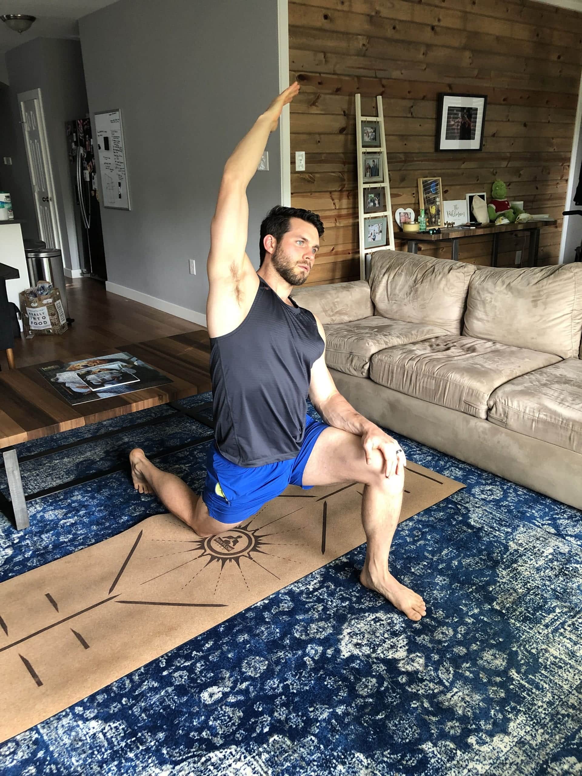 Yoga to counter sitting on the couch low lunge sidebend