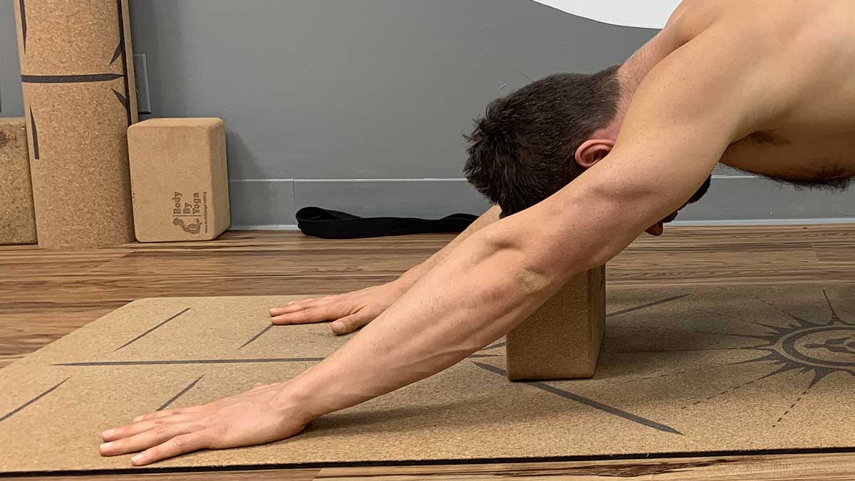 Yoga for Spinal Decompression - Puppy Pose - Modification: Head on block