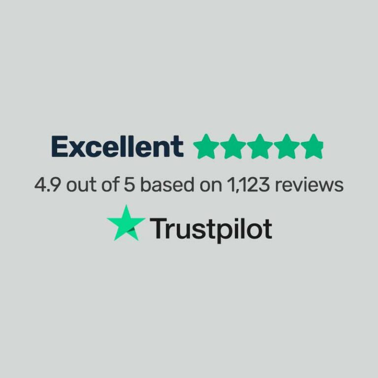 4.9 star rating after 1,123 verified Trustpilot reviews